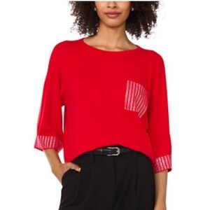 CeCe Vibrant Red rhinestone accent Knit Top sweater drop 3/4 sleeve pocket L
